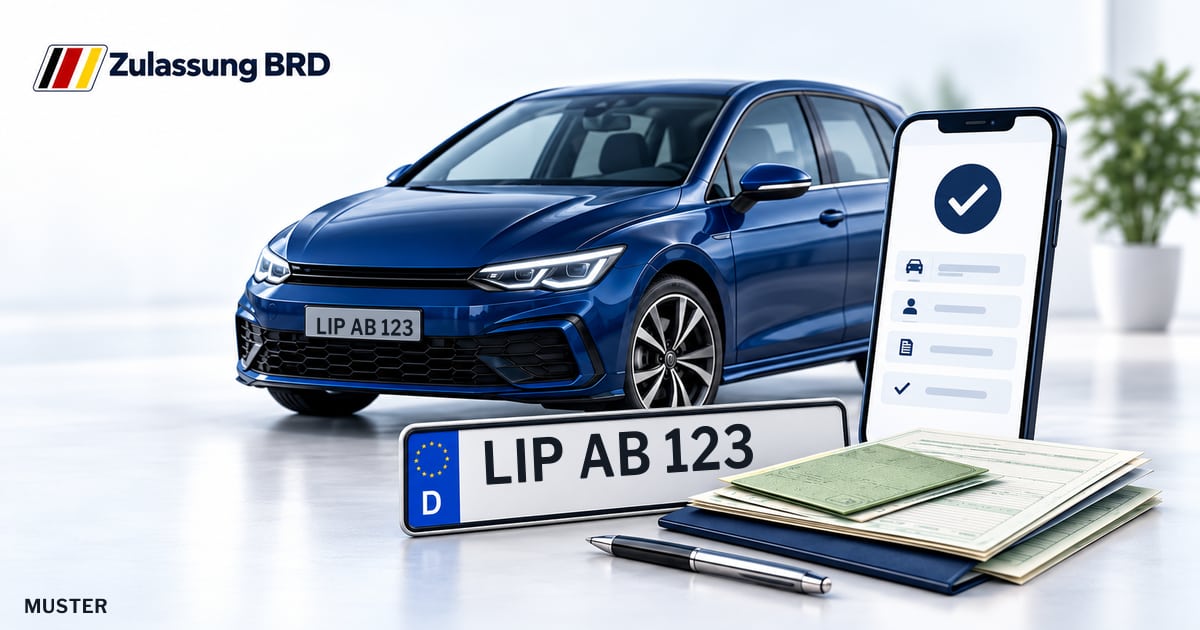 Online Fahrzeugzulassung in Extertal: Musterkennzeichen LIP AB 123, Auto und Fahrzeugpapiere und Smartphone. Illustration mit Logo von Zulassung BRD.